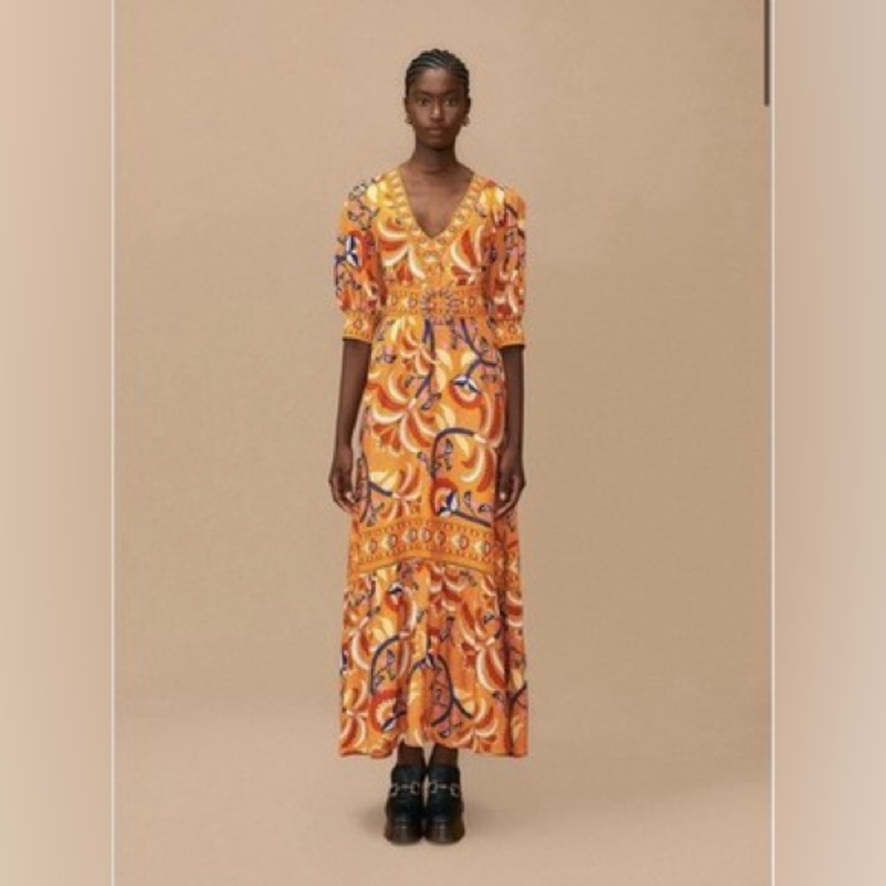 Farm Rio Women's Yellow Palms Party Dress Maxi V Neck Size M